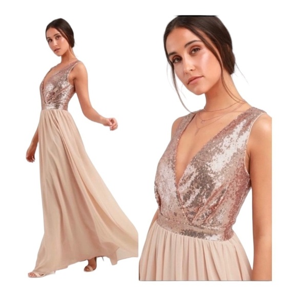 LULU'S Sequin V Neck Empire Waist Maxi Gown Champagne Beige Size Large Formal - Picture 1 of 12